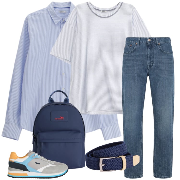 Outfit uomo - Comfort a Righe per la Città. Stile Trendy per Ufficio. Abbinamento con sneakers, cinture, borse sportive, jeans, camicie, t-shirt.