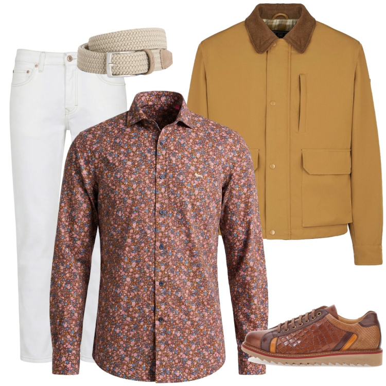 Outfit uomo - Toni Terrosi e Texture Floreali. Stile Urban per Tutti i giorni. Abbinamento con cinture, jeans, camicie, piumini, scarpe stringate.