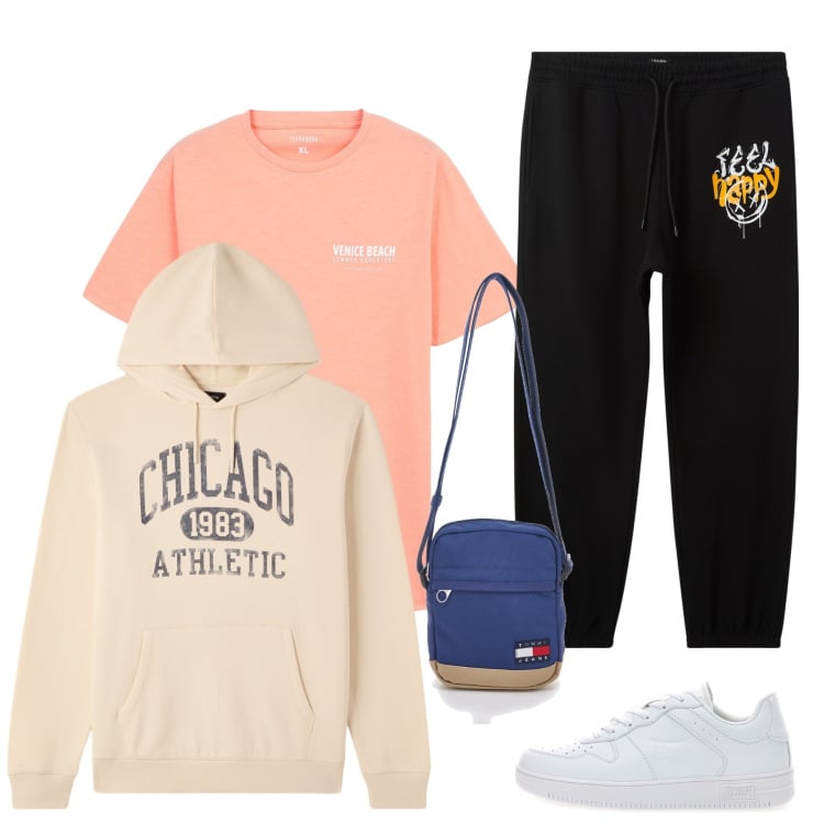 Outfit uomo - Comfort e Vibes Californiane. Stile Urban per Tutti i giorni. Abbinamento con pantaloni, t-shirt, borse sportive, felpe con cappuccio, sneakers.