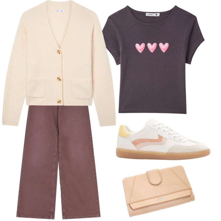 Outfit donna - Relax e stile. Stile Romantica per Tutti i giorni. Abbinamento con sneakers, t-shirt, cardigans, pantaloni a palazzo, portafogli.