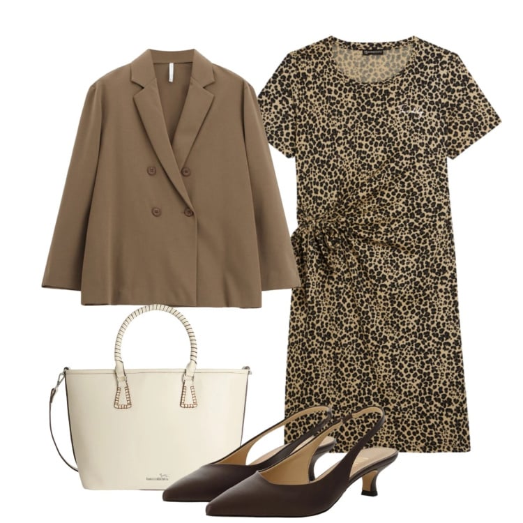 Outfit donna - Animalier in ufficio. Stile Chic per Ufficio. Abbinamento con shopping bag, blazer, décolleté, vestiti midi/longuette.