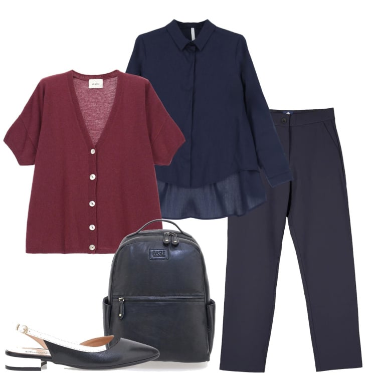 Outfit donna - Minimal chic. Stile Minimal per Tutti i giorni. Abbinamento con pantaloni chino, camicie, cardigans, ballerine, zaini.