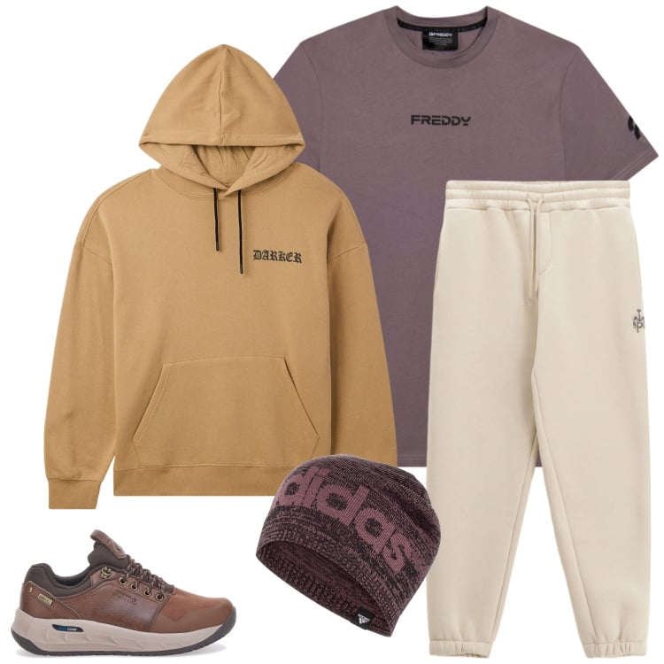 Outfit uomo - Comfort Oversize e Toni Polverosi. Stile Urban per Tutti i giorni. Abbinamento con pantaloni, t-shirt, felpe con cappuccio, berretti, sneakers.