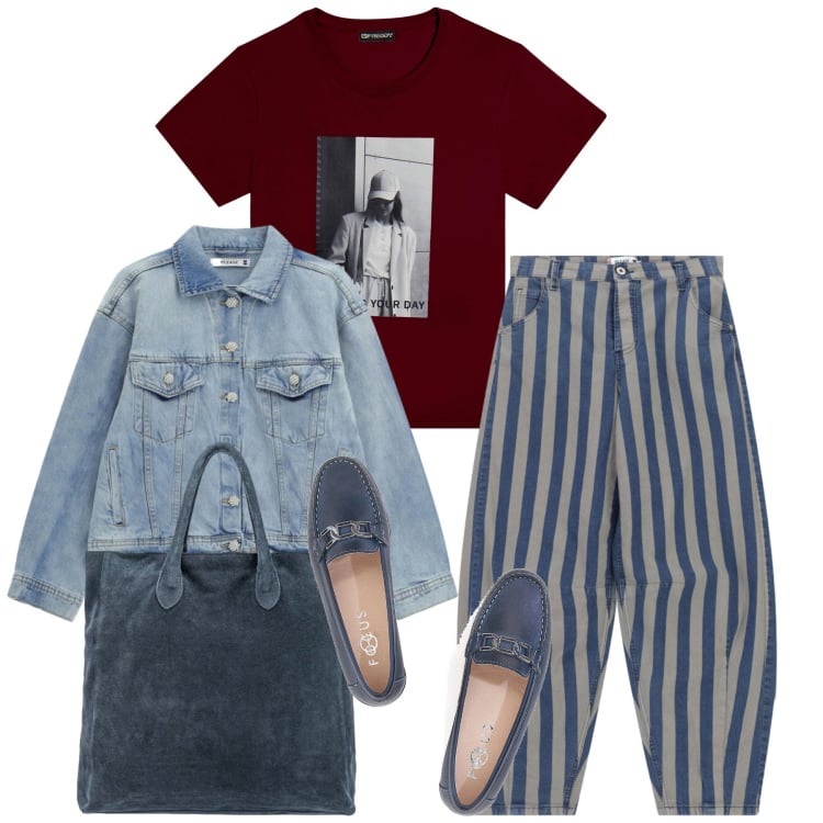 Outfit donna - Comoda in città. Stile Casual per Tutti i giorni. Abbinamento con blazer, pantaloni a palazzo, t-shirt, mocassini, borse a mano.