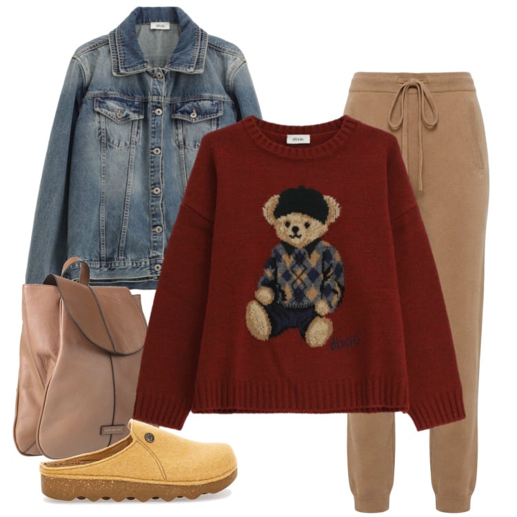 Outfit donna - Dolcezza Preppy e Comfort Assoluto. Stile Preppy per Tutti i giorni. Abbinamento con zaini, pantaloni, maglieria, blazer, pantofole.