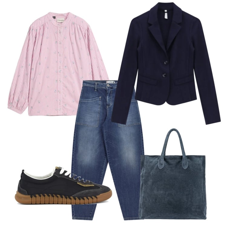 Outfit donna - Basic day. Stile Basic per Tutti i giorni. Abbinamento con camicie, jeans, blazer, borse a mano, sneakers.