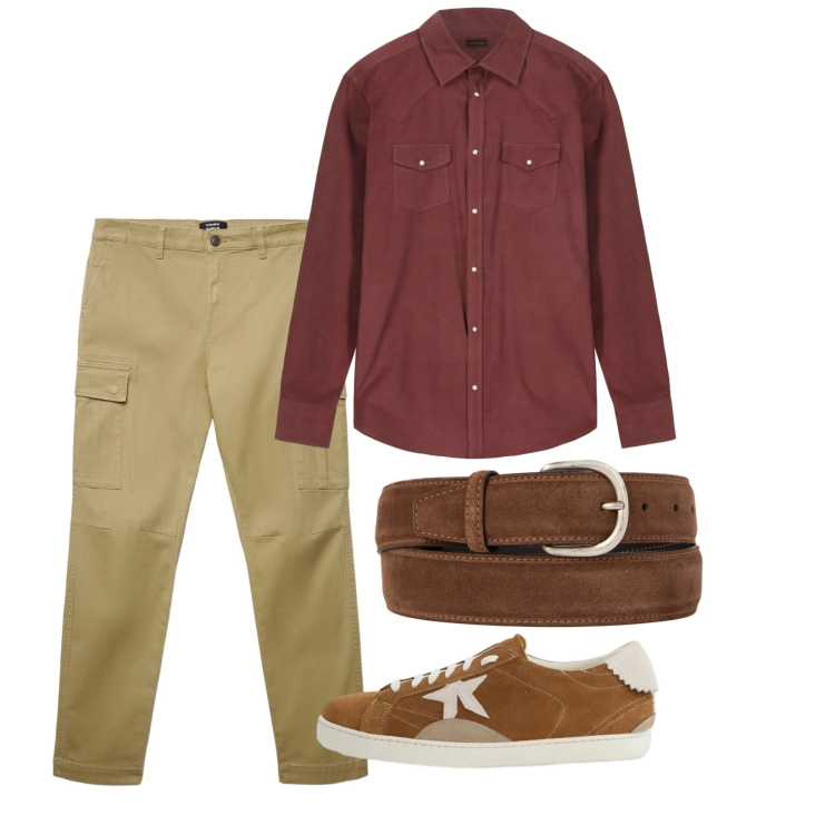 Outfit uomo - Casual terracotta. Stile Casual per Tutti i giorni. Abbinamento con sneakers, pantaloni cargo, camicie, cinture.