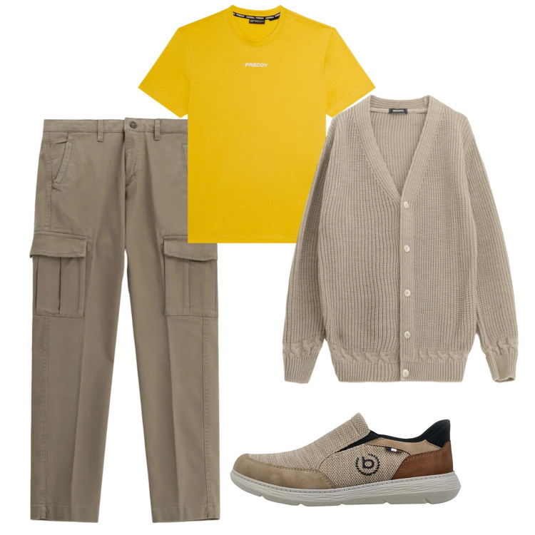 Outfit uomo - Informale. Stile Casual per Tutti i giorni. Abbinamento con cardigans, pantaloni cargo, t-shirt, scarpe stringate.
