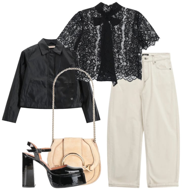 Outfit donna - Pizzo nero. Stile Casual chic per Serata fuori. Abbinamento con marsupi, décolleté, blazer, top, pantaloni.