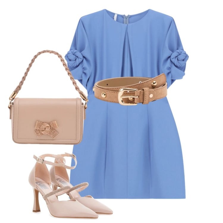 Outfit donna - Azzurro. Stile Chic per Cerimonia. Abbinamento con cinture, pochette, vestiti corti, décolleté.