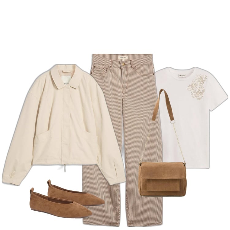 Outfit femme - Tons nude. Style Basique pour Tous les jours. Assortir avec pantalon , blazers, sacs en bandoulière, t-shirts, ballerines.