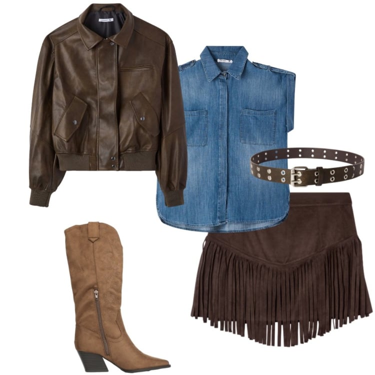 Outfit donna - Terranova desert code. Stile Sporty chic per Serata fuori. Abbinamento con minigonne, cinture, camicie a manica corta, stivali, giacche.