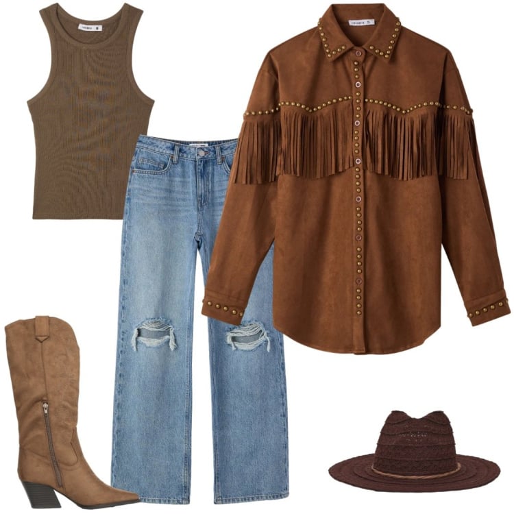 Outfit donna - Terranova desert code. Stile Sporty chic per Tutti i giorni. Abbinamento con camicie, stivali, jeans strappati, canottiere, cappelli.