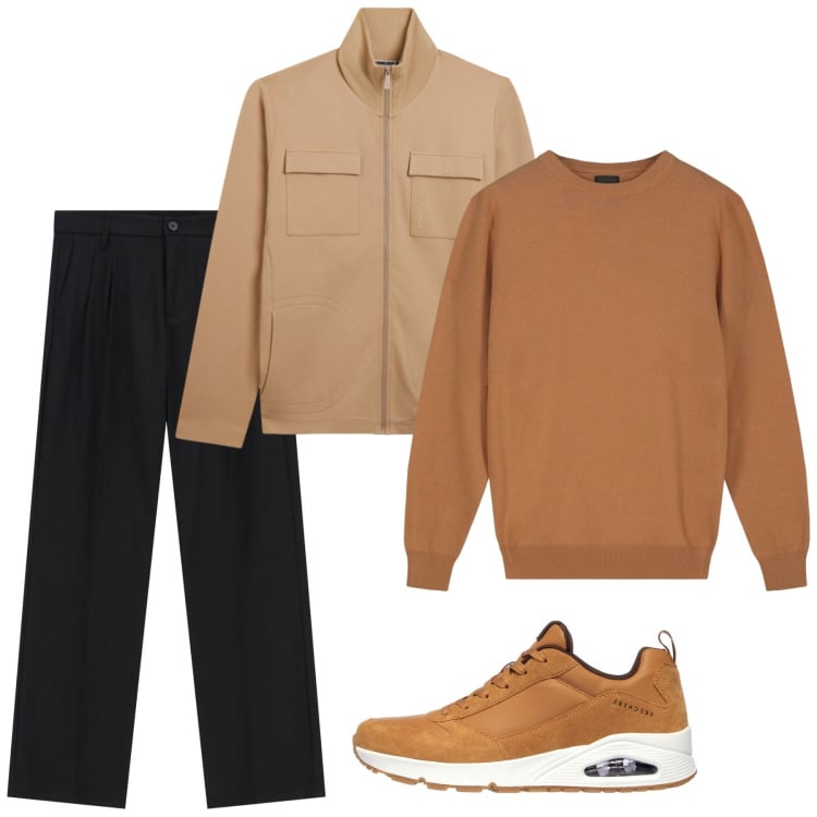 Outfit uomo - Caramello. Stile Casual per Tutti i giorni. Abbinamento con pantaloni, felpe, sneakers, maglieria.