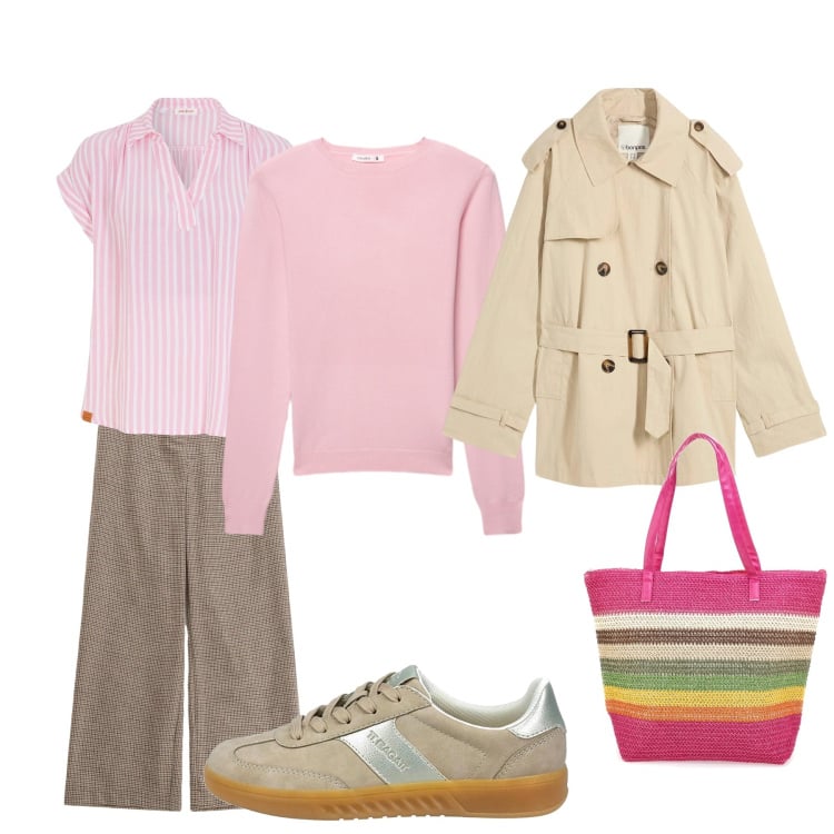 Outfit donna - Freschetto. Stile Basic per Tutti i giorni. Abbinamento con bluse, trench, maglieria, pantaloni a palazzo, shopping bag, sneakers.