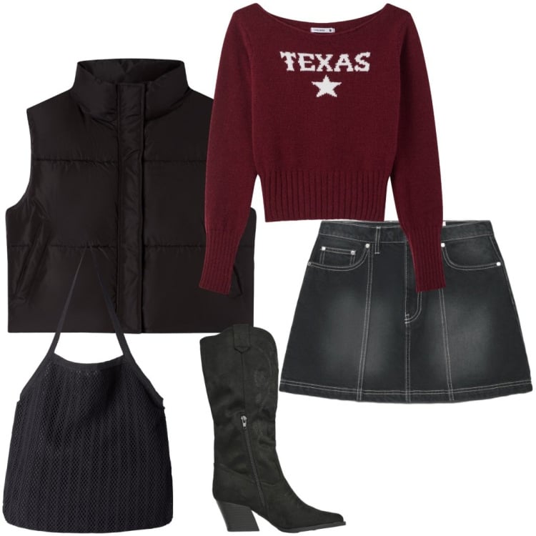 Outfit donna - Terranova. Stile Urban per Tutti i giorni. Abbinamento con piumini, shopping bag, stivali, minigonne, maglieria.