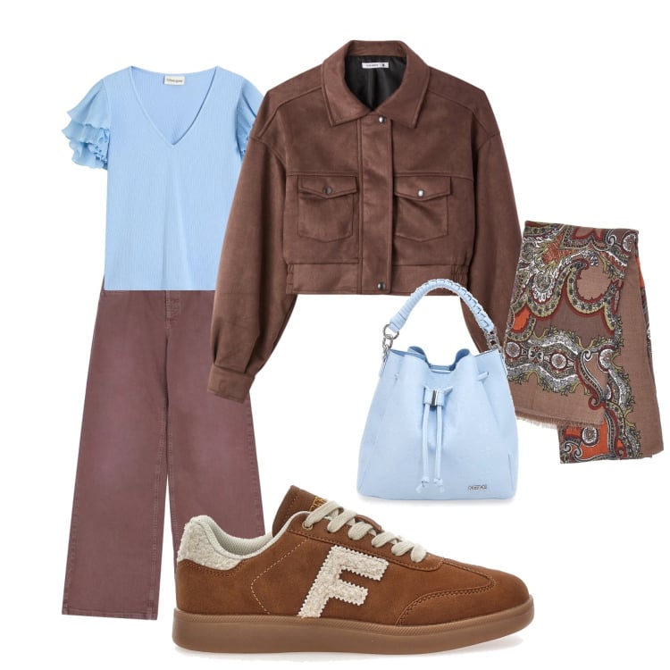 Outfit donna - Al museo. Stile Casual per Ufficio. Abbinamento con bluse, bomber, pantaloni a palazzo, sneakers, foulard, borse a secchiello.