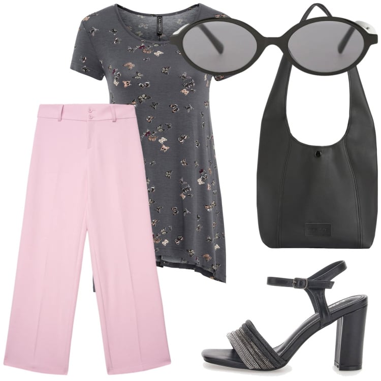 Outfit donna - Total look #2366490. Stile Romantica per Tutti i giorni. Abbinamento con t-shirt, pantaloni, occhiali da sole, borse a spalla, sandali col tacco.