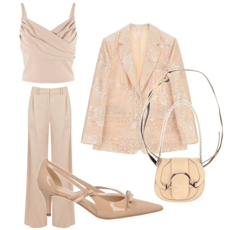 Outfit donna - Tallier tono su tono. Stile Casual chic per Cerimonia. Abbinamento con marsupi, décolleté, pantaloni a palazzo, canottiere, blazer.