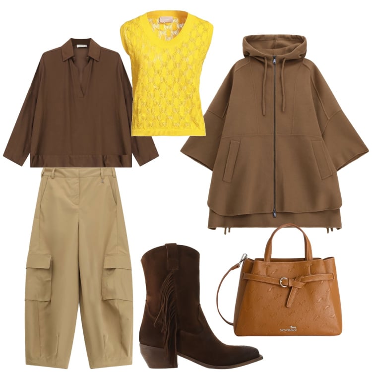 Outfit donna - La mantella cool. Stile Mannish per Tutti i giorni. Abbinamento con pullovers, borse a mano, pantaloni a palazzo, stivali, camicie, cappotti.