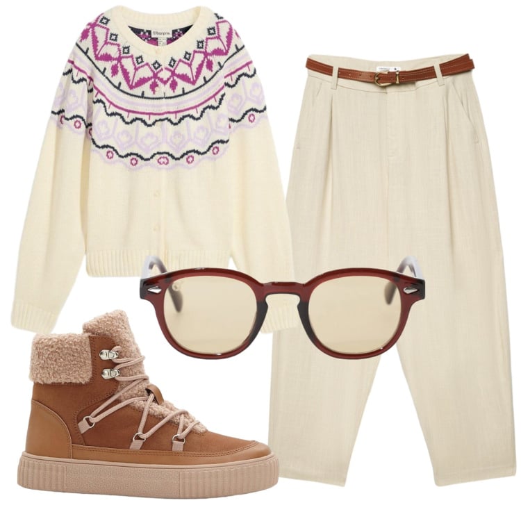 Outfit donna - Total look #2366502. Stile Basic per Tutti i giorni. Abbinamento con stivaletti, cardigans, pantaloni chino, occhiali da sole.