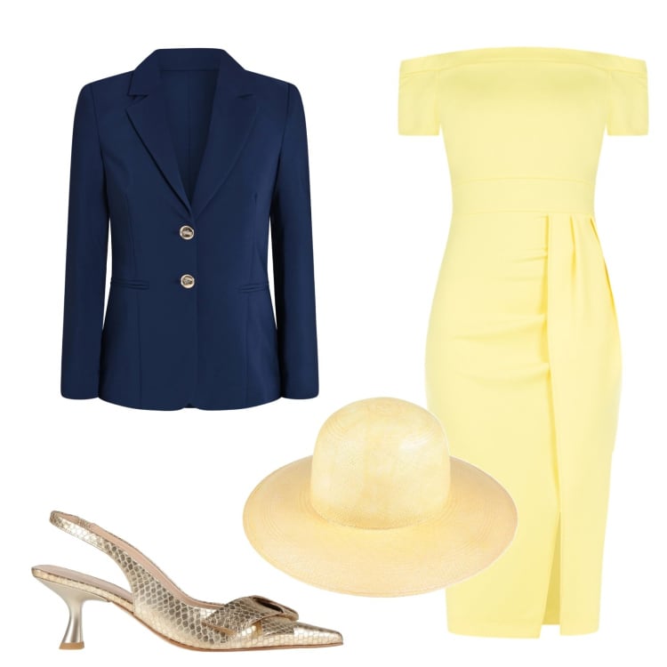 Outfit donna - Total look #2366506. Stile Bon Ton per Cerimonia. Abbinamento con décolleté, cappelli, blazer, vestiti asimmetrici.
