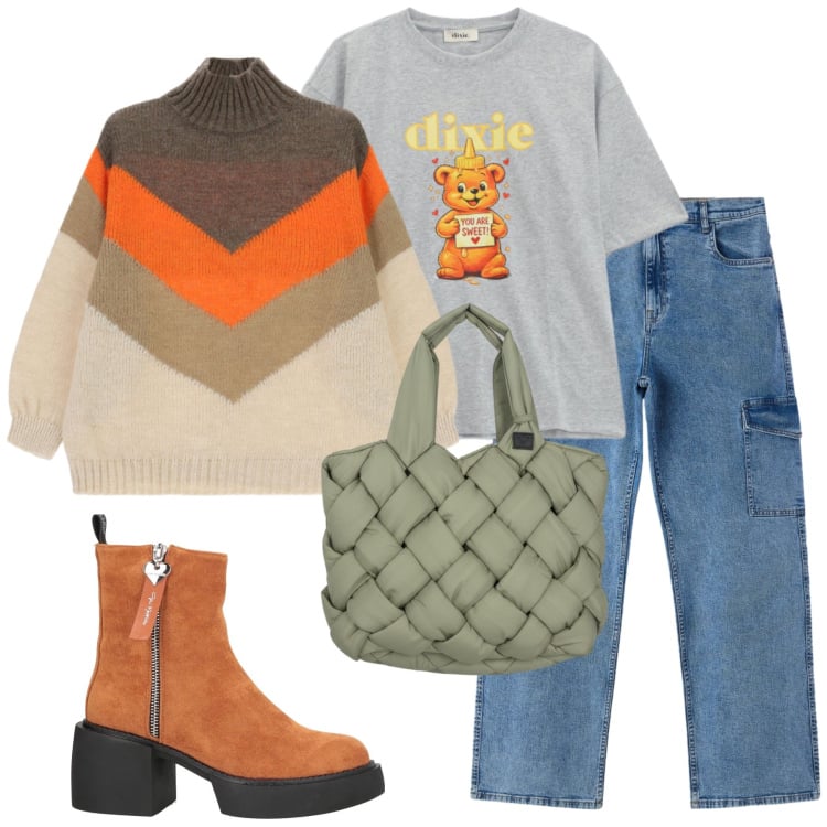 Outfit donna - Total look #2366509. Stile Casual per Tutti i giorni. Abbinamento con stivaletti, jeans dritti, borse tote, t-shirt, maglieria.