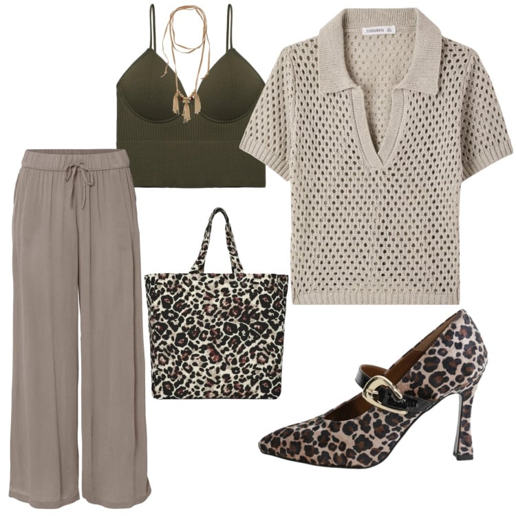 Outfit donna - Tocco animalier. Stile Urban per Ufficio. Abbinamento con pantaloni, polo, shopping bag, top, décolleté, collane.