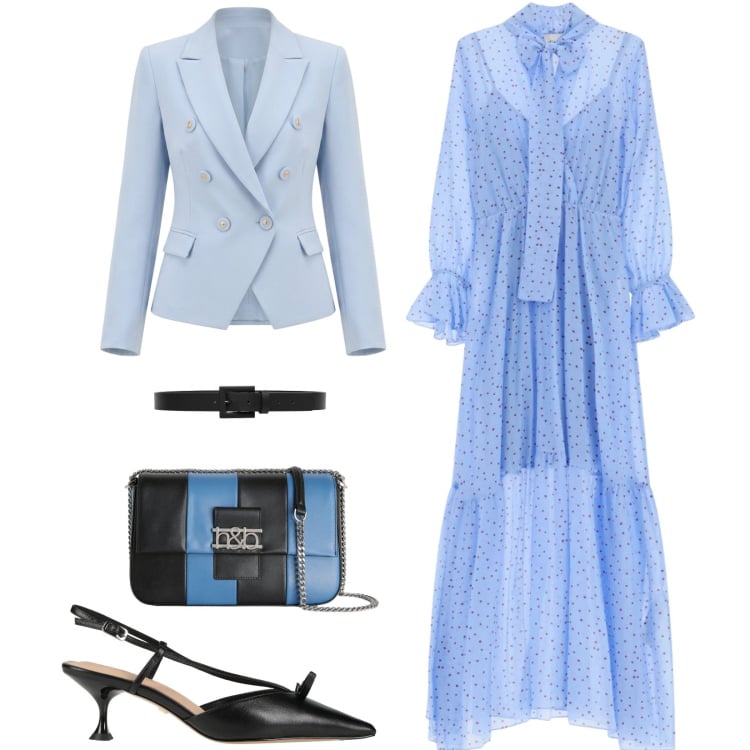 Outfit donna - Total look #2366514. Stile Romantica per Cerimonia. Abbinamento con décolleté, borse a tracolla, blazer, cinture, vestiti lunghi.