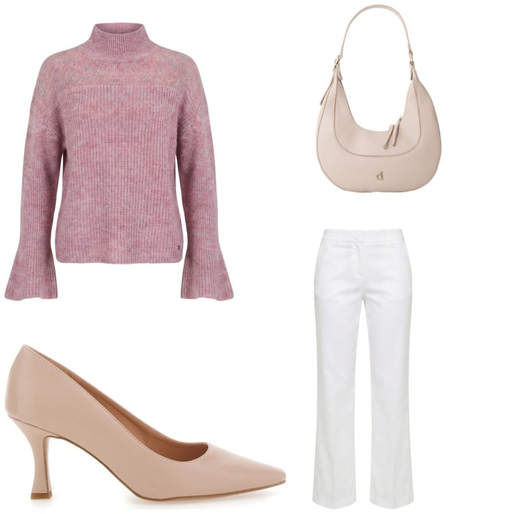 Outfit donna - Battesimo. Abbinamento con maglieria, pantaloni, borse a tracolla, décolleté.