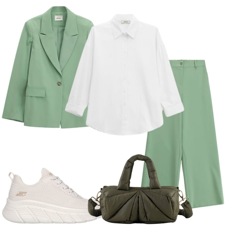 Outfit donna - La domenica in verde. Stile Glamour per Tutti i giorni. Abbinamento con borse a mano, blazer, camicie, pantaloni a palazzo, sneakers alte.