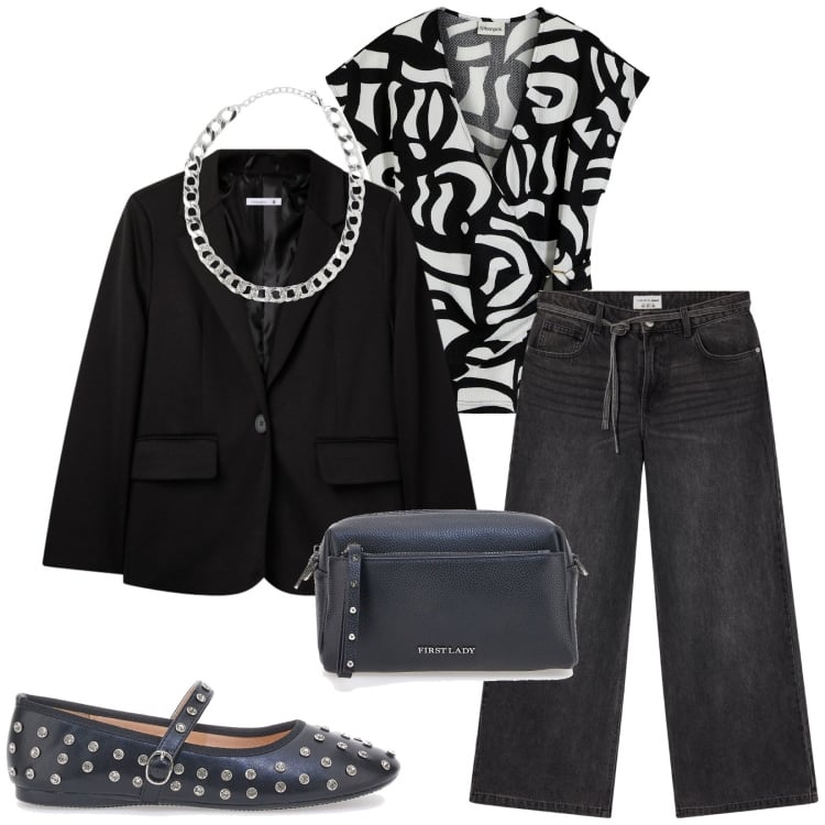 Outfit donna - Total look #2366526. Stile Urban per Tutti i giorni. Abbinamento con maglieria, jeans, collane, blazer, ballerine, borse a tracolla.