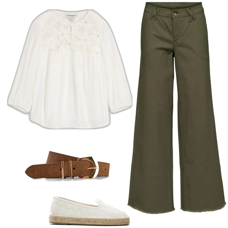 Outfit femme - Flare kaki. Style Casual pour Soirée dehors. Assortir avec pantalon large en bas, tuniques, espadrilles, ceintures.