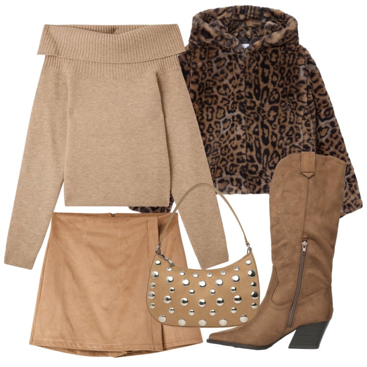 Outfit donna - Desert code cammello. Stile Sporty chic per Tutti i giorni. Abbinamento con minigonne, stivali, ecopellicce, borse a tracolla, maglieria.