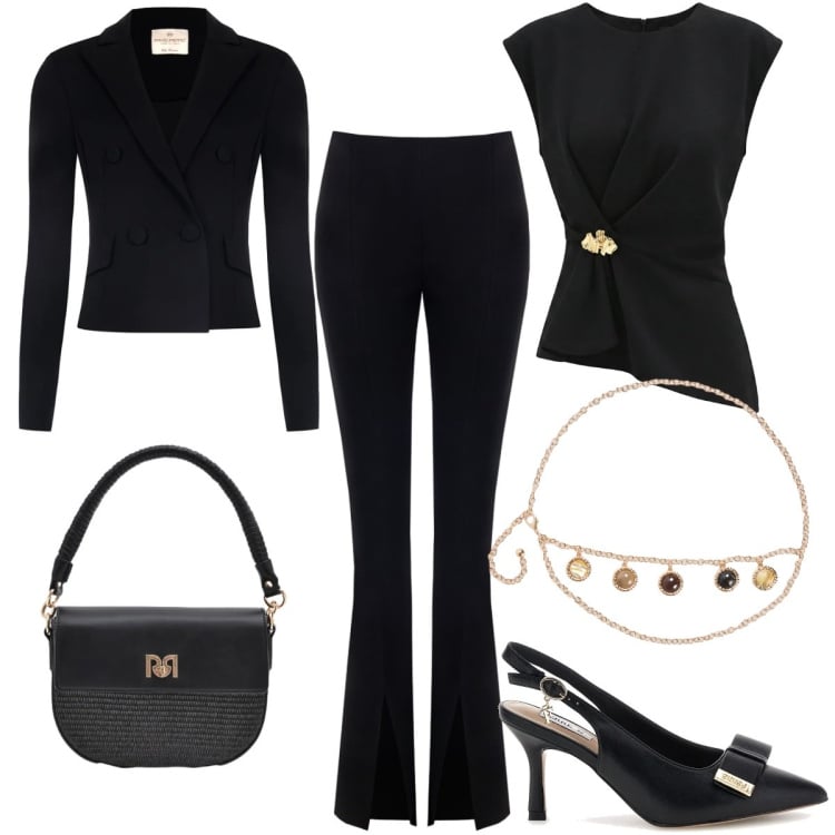 Outfit donna - Serata. Stile Chic per Serata fuori. Abbinamento con cinture, top, pantaloni, borse a spalla, blazer, décolleté.