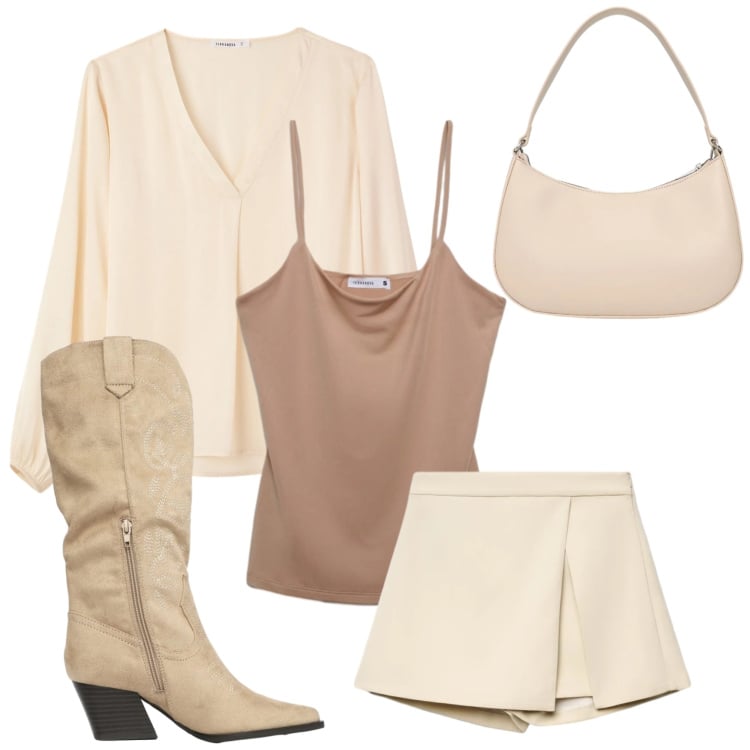 Outfit donna - Desert code beige. Stile Basic per Tutti i giorni. Abbinamento con stivali, canottiere, gonne, bluse, borse a tracolla.