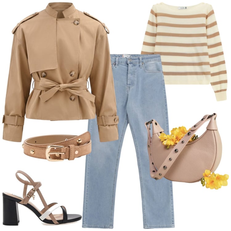 Outfit donna - Spring. Stile Casual chic per Tutti i giorni. Abbinamento con cinture, jeans, maglieria, caban, borse a spalla, sandali col tacco.