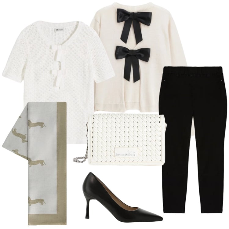 Outfit donna - Total look #2366548. Stile Chic per Serata fuori. Abbinamento con t-shirt, jeggings, borse a tracolla, sciarpe, maglieria, décolleté.