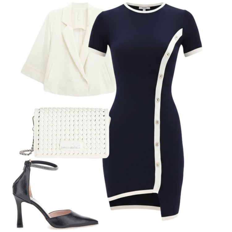 Outfit donna - Spring. Stile Bon Ton per Tutti i giorni. Abbinamento con borse a tracolla, vestiti asimmetrici, blazer, décolleté.