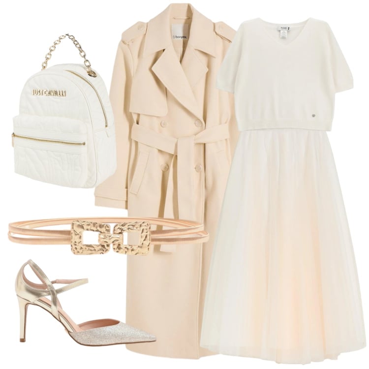 Outfit donna - Total look #2366553. Stile Chic per Serata fuori. Abbinamento con zaini, gonne lunghe, trench, maglieria, décolleté, cinture.