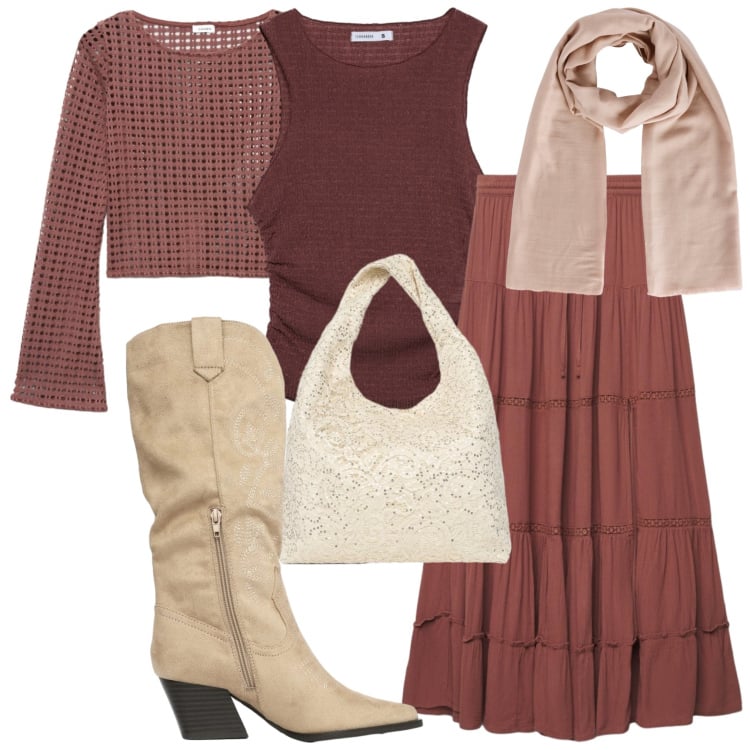 Outfit donna - Desert code per una serata fuori. Stile Romantica per Serata fuori. Abbinamento con maglieria, gonne lunghe, top, foulard, stivali, borse a spalla.