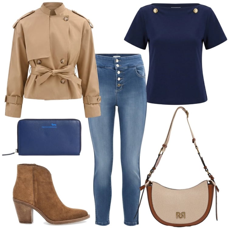 Outfit donna - Total look #2366564. Stile Casual chic per Tutti i giorni. Abbinamento con portafogli, t-shirt, borse a tracolla, jeans, caban, stivaletti.