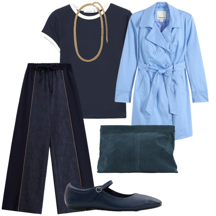 Outfit donna - Primavera in blù. per Tutti i giorni. Abbinamento con trench, ballerine, t-shirt, pantaloni a palazzo, collane, pochette.