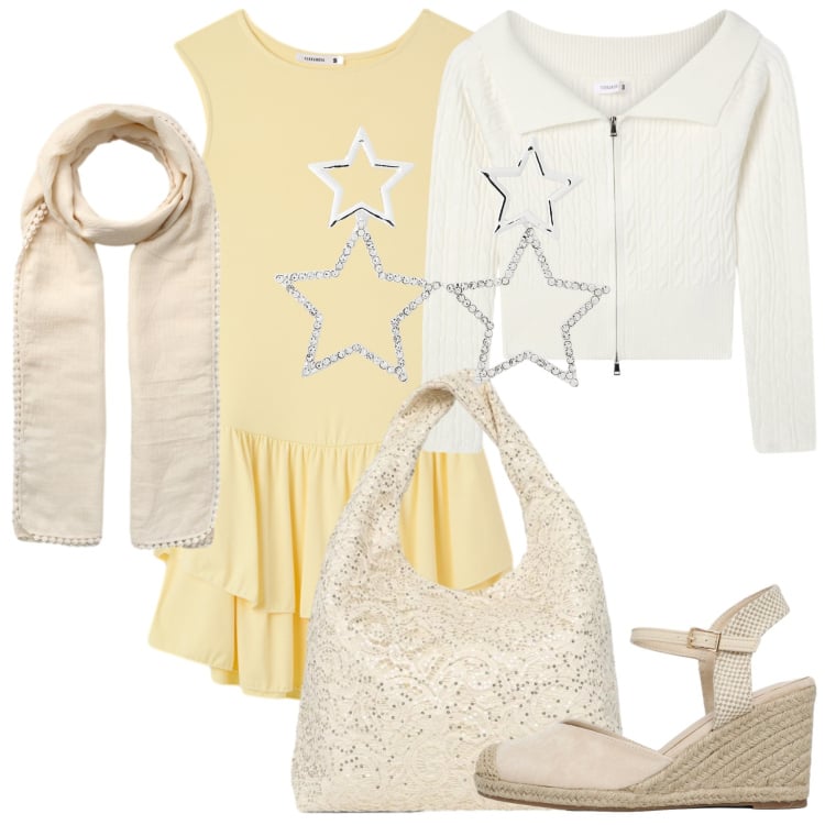 Outfit donna - Desert code sbarazzino. Stile Romantica per Serata fuori. Abbinamento con maglieria, borse a spalla, vestiti corti, orecchini, sciarpe, zeppe.