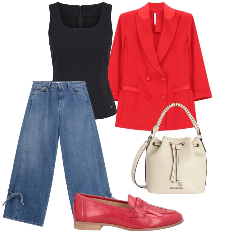 Outfit donna - In ufficio. per Ufficio. Abbinamento con mocassini, borse a secchiello, top, jeans, blazer.