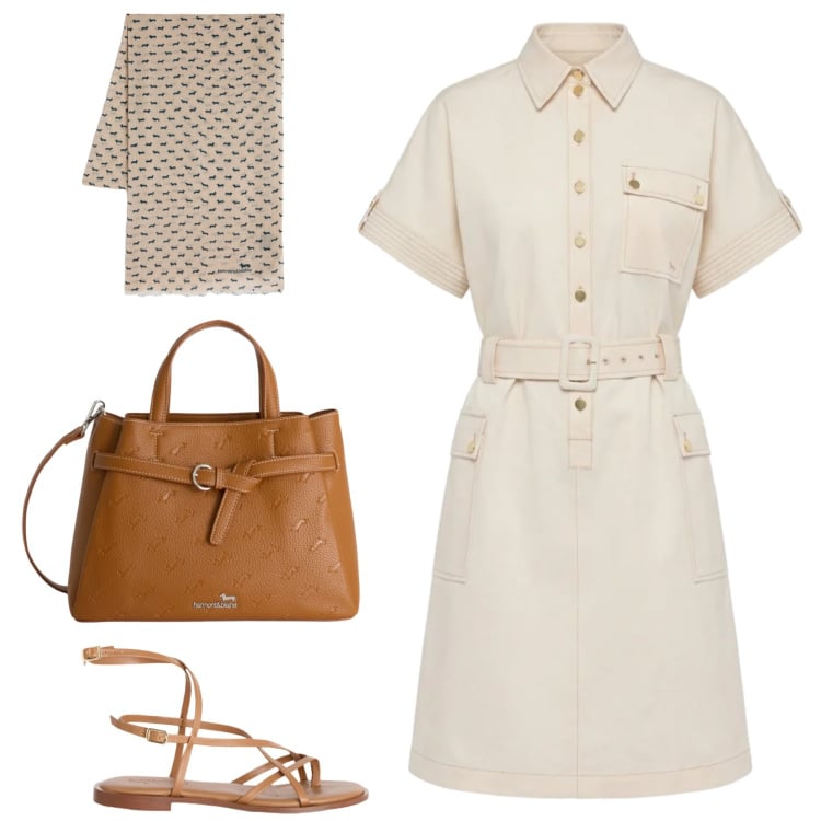 Outfit donna - Al caldo. Stile Casual per Tutti i giorni. Abbinamento con vestiti chemisier, borse a mano, sandali in pelle, sciarpe.