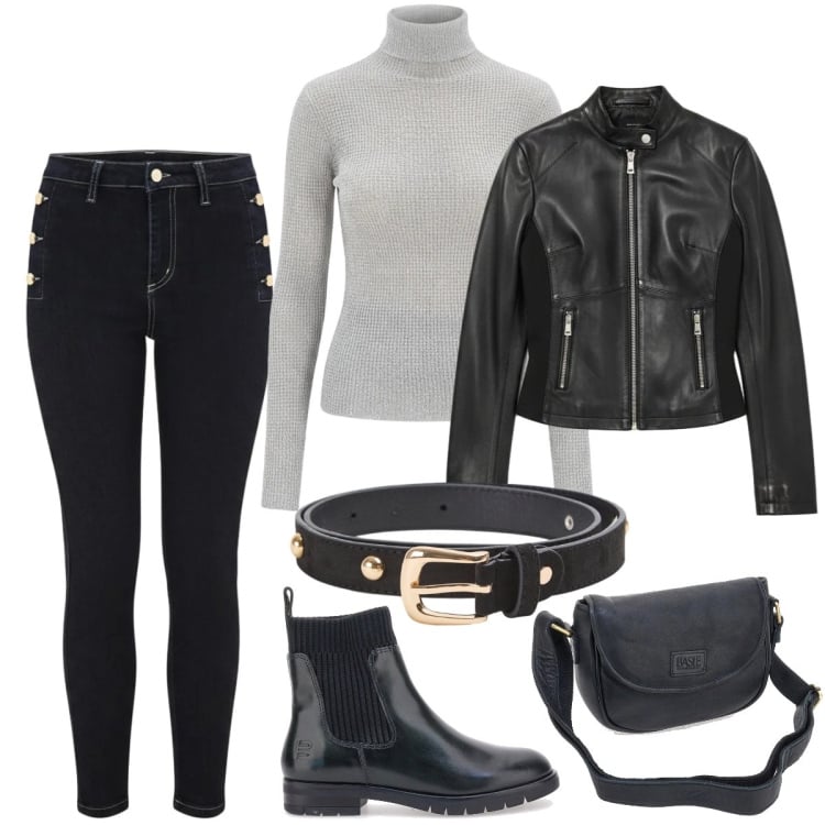 Outfit donna - Total look #2366579. Stile Rock per Tutti i giorni. Abbinamento con cinture, giacche, maglieria, jeans skinny, borse a tracolla, stivaletti.