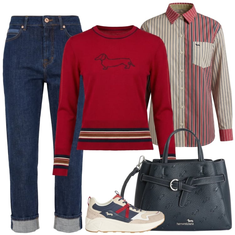Outfit donna - Rosso e blu. Stile Preppy per Scuola/Università. Abbinamento con sneakers, borse a mano, maglieria, camicie, jeans.