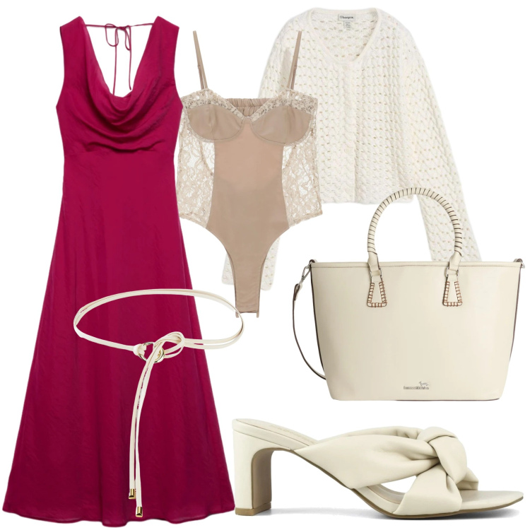 Outfit donna - Soft power dressing red code. Stile Romantica per Serata fuori. Abbinamento con cinture, cardigans, shopping bag, body, sandali col tacco, vestiti lunghi.