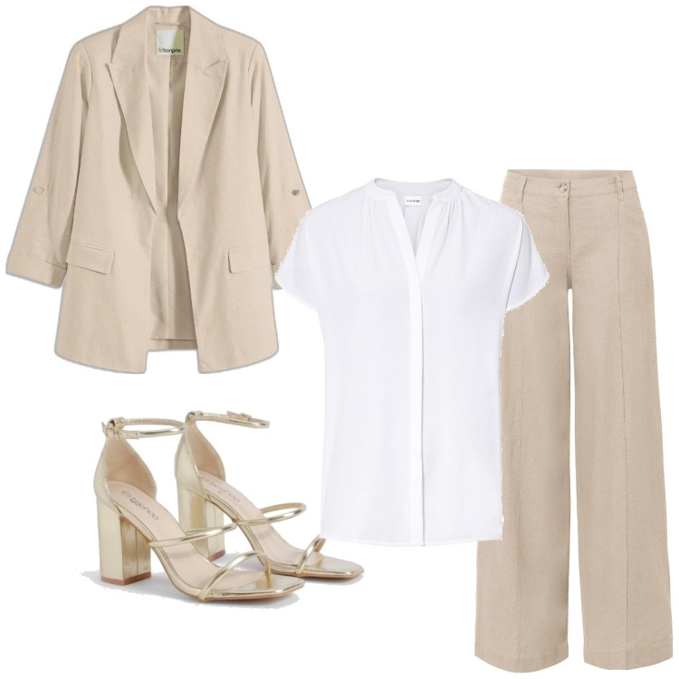 Outfit femme - Bon Ton #1190. Style Bon Ton pour Cérémonie. Assortir avec pantalon large en bas, chemises à manches courtes, blazers, sandales à talon.